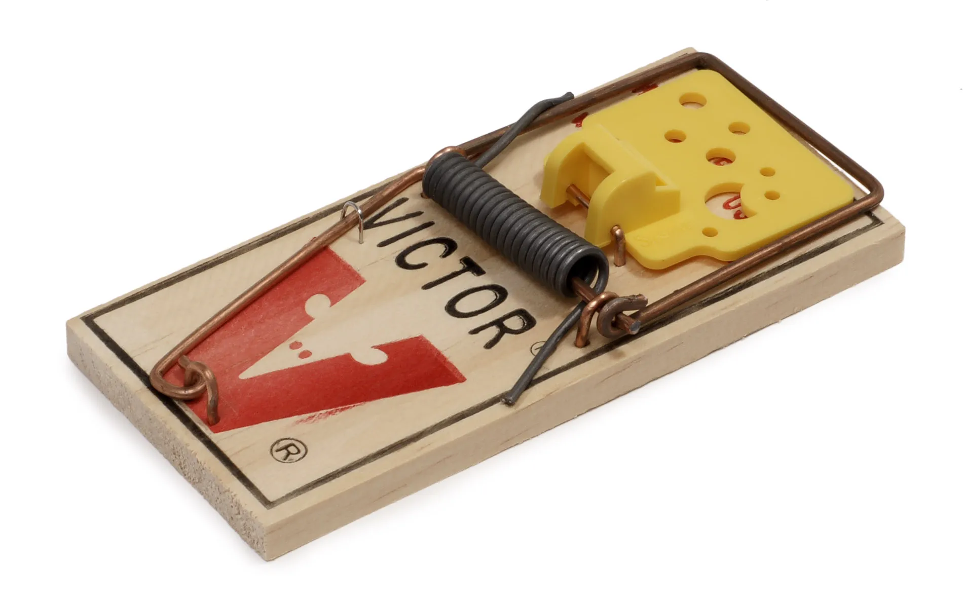 Tapette à souris classique en bois, avec un ressort et une palette jaune pour l'appât